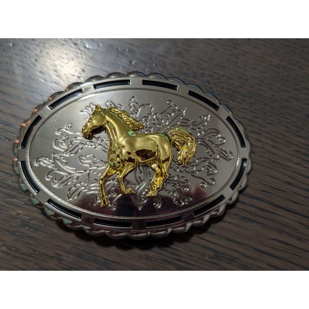 Western Gold Horse Silver Tone Oval Belt Buckle Black Enamel